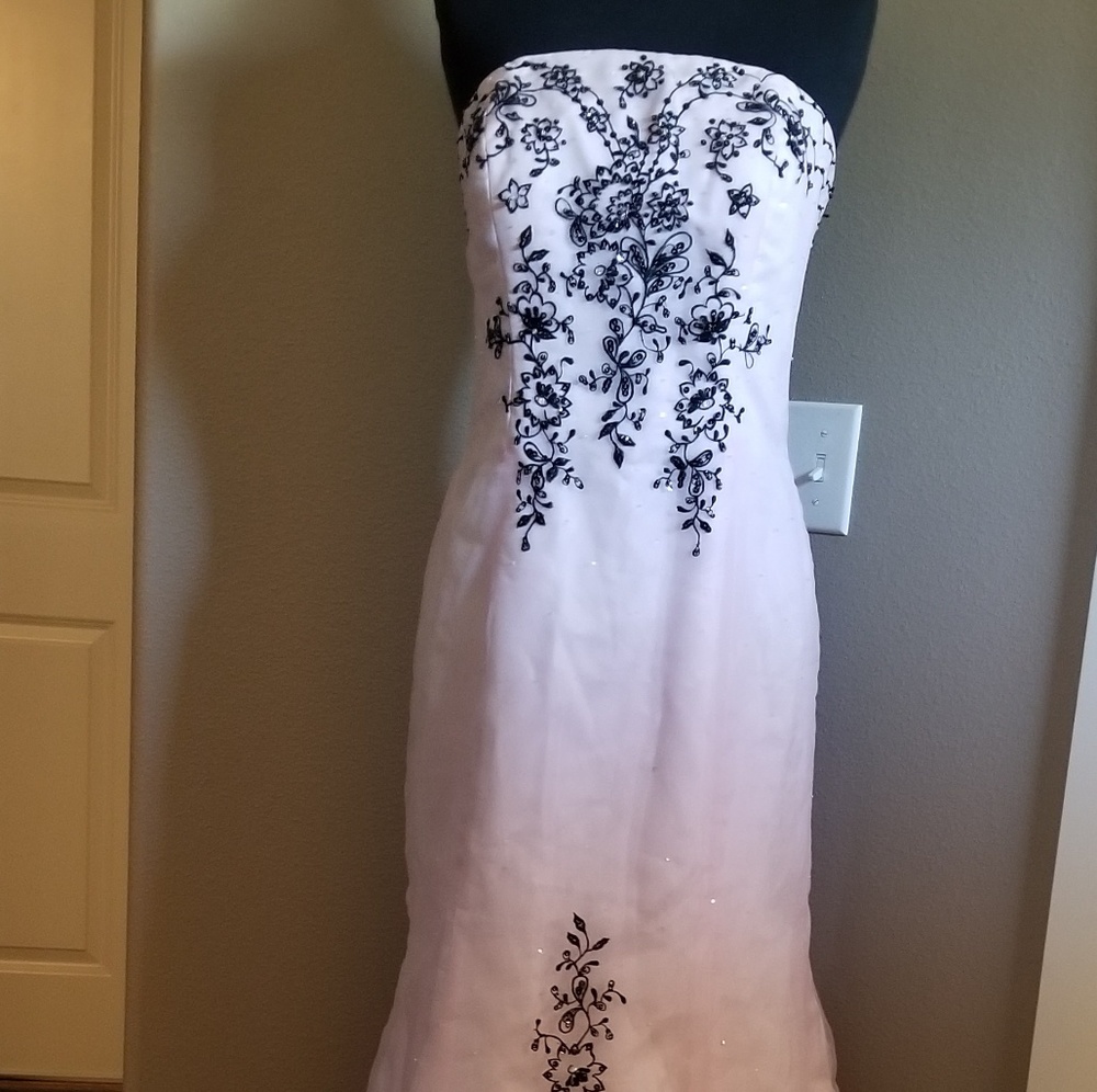 Mori Lee Strapless White Dress with Black Floral Design